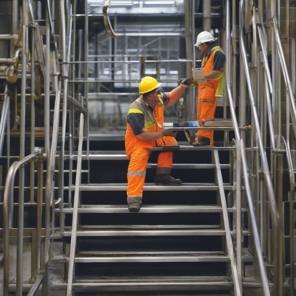 Worker Inspecting Industrial Metal Stairs